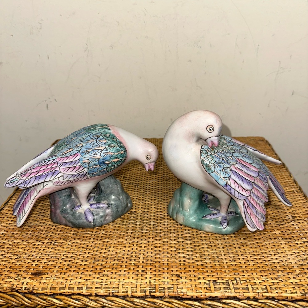950's VTG MCM Porcelain Pastel Pigeons WBI China Love Doves Birds Hand Painted